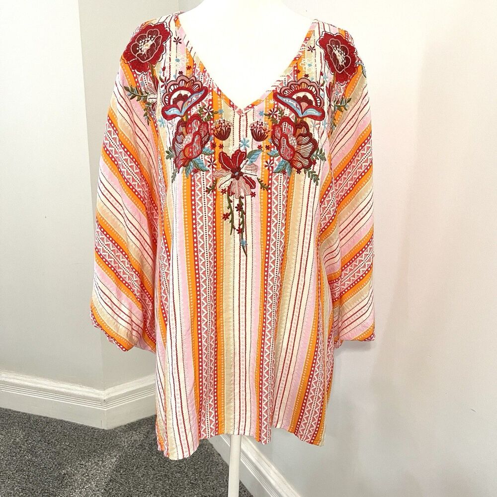 Savanna Jane Embroidered Kimono Top Size 1X/2X Artsy Striped Colorful Boho - Picture 1 of 11